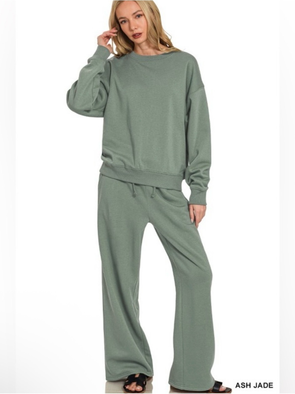 Zenana Outfitters Wide-Leg 2pc Sweatset in Ash Jade size L